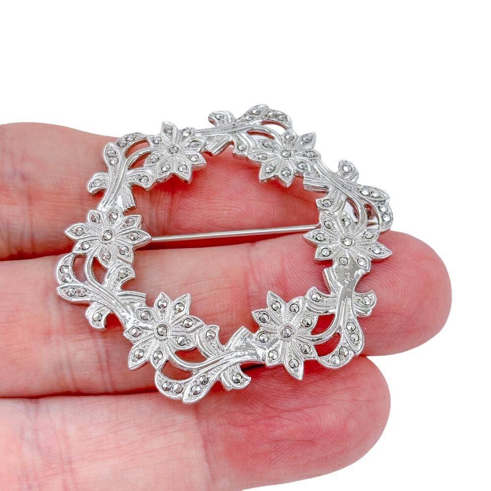 Vintage Sterling Silver 925 Marcasite Flower Wreath Brooch